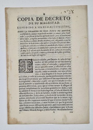 Portada del libro de Decreto sobre la formacion de la Real Junta de Monenda, Felipe V, 1730