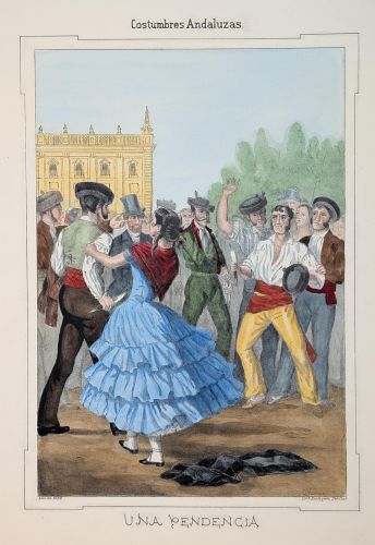 Portada del libro de Una Pendencia [litografía original de la serie Costumbres Andaluzas, de Chamán]