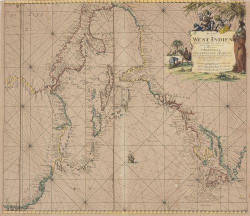 Portada del libro de Pas Kaart Van West Indien Behelsende soo Deszelffs Vaste Kusten als d'Onder behoorende Eylanden [Chart...