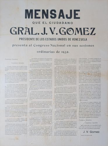 Portada del libro de Mensaje que el ciudadano Gral. J. V. Gomez presidente de los Estados Unidos de Venezuela