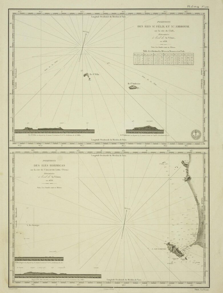 Positions des Iles St. Félix et St. Ambroise / Positions des iles Hormigas sur la côte du Callao de Lima (Pérou).