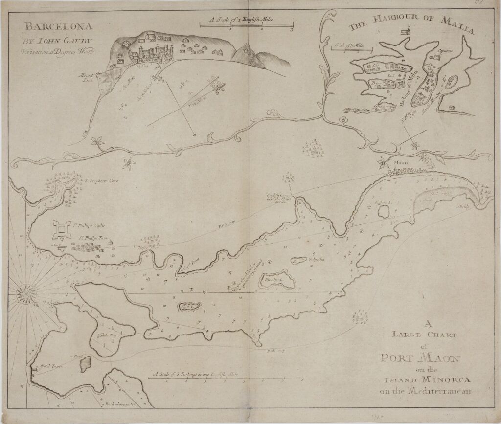 A large chart of Port Maon on the Island Minorca / Barcelona by John Gaudy / The Harbour of Malta