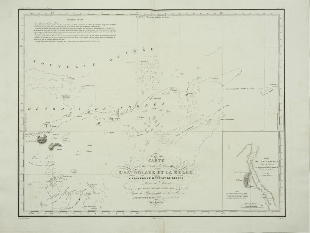 Carte de la route des Corvettes l&rsquo;Astrolabe et la Zélée à travers le détroit de Torrès.