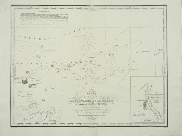 Carte de la route des Corvettes l&rsquo;Astrolabe et la Zélée à travers le détroit de Torrès.