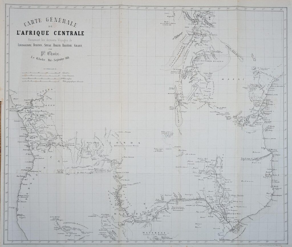 Carte Générale de l&rsquo;Afrique centrale résumant les derniers Voyages de Livingstone, Burton, Speke, Baker, Bastian, Grant…