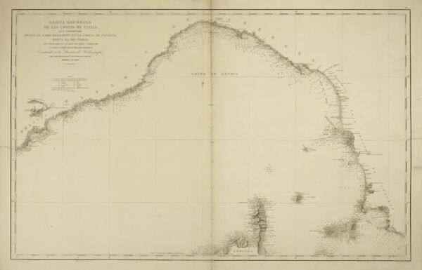 Carta esferica de las costas de Italia que comprende desde el Cabo Drammont en la costa de Francia hasta el de Troja con inclusion de la isla de Elba y parte de la costa norte de la isla de Córsega.