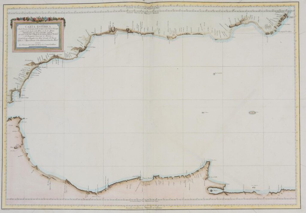 [Carte] Carta Esférica desde punta de Europa a Cabo de Gata en la Costa de Europa, desde Ceuta hasta Cabo Hone en la de Africa: Presentada al Rey Nuestro Señor por mano del Ex-mo Sr. Baylíío Fr. D. Antonio Valdés SSrio. de Estdo. y del Despacho Universal