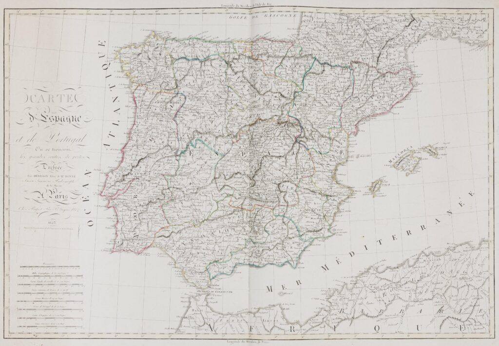 Carte d’Espagne et de Portugal ou se trouvent les grandes routes de postes