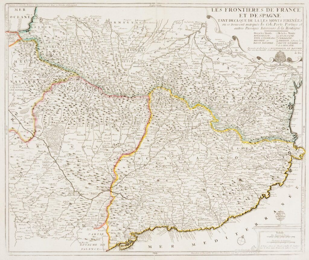 [Map] Les frontieres de France et d’Espagne tant deca que de la les monts Pirénees ou se trouvent marques les Cols, Ports, Pertuys et autres Passages Interieurs de la Montagne
