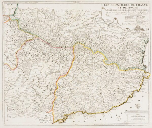 [Mapa] Les frontieres de France et d&rsquo;Espagne tant deca que de la les monts Pirénees ou se trouvent marques les Cols, Ports, Pertuys et autres Passages Interieurs de la Montagne