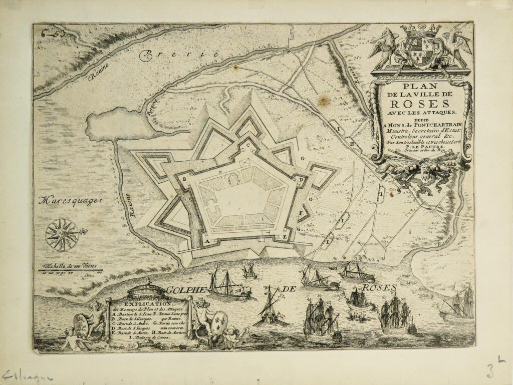 [Carte de Roses, Gérone, Catalogne] Plan de la ville de Roses avec les attaques(. . .) Pontchartrain