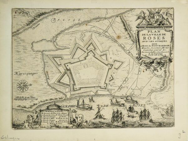 [Mapa de Roses, Girona, Catalunya] Plan de la ville de Roses avec les attaques(. . .) Pontchartrain