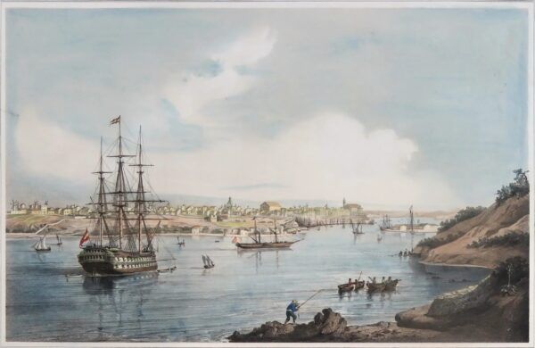 Vista de una parte del puerto, y ciudad de Mahon