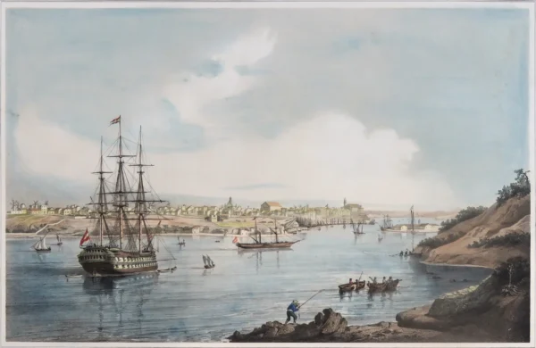 Vista de una parte del puerto, y ciudad de Mahon